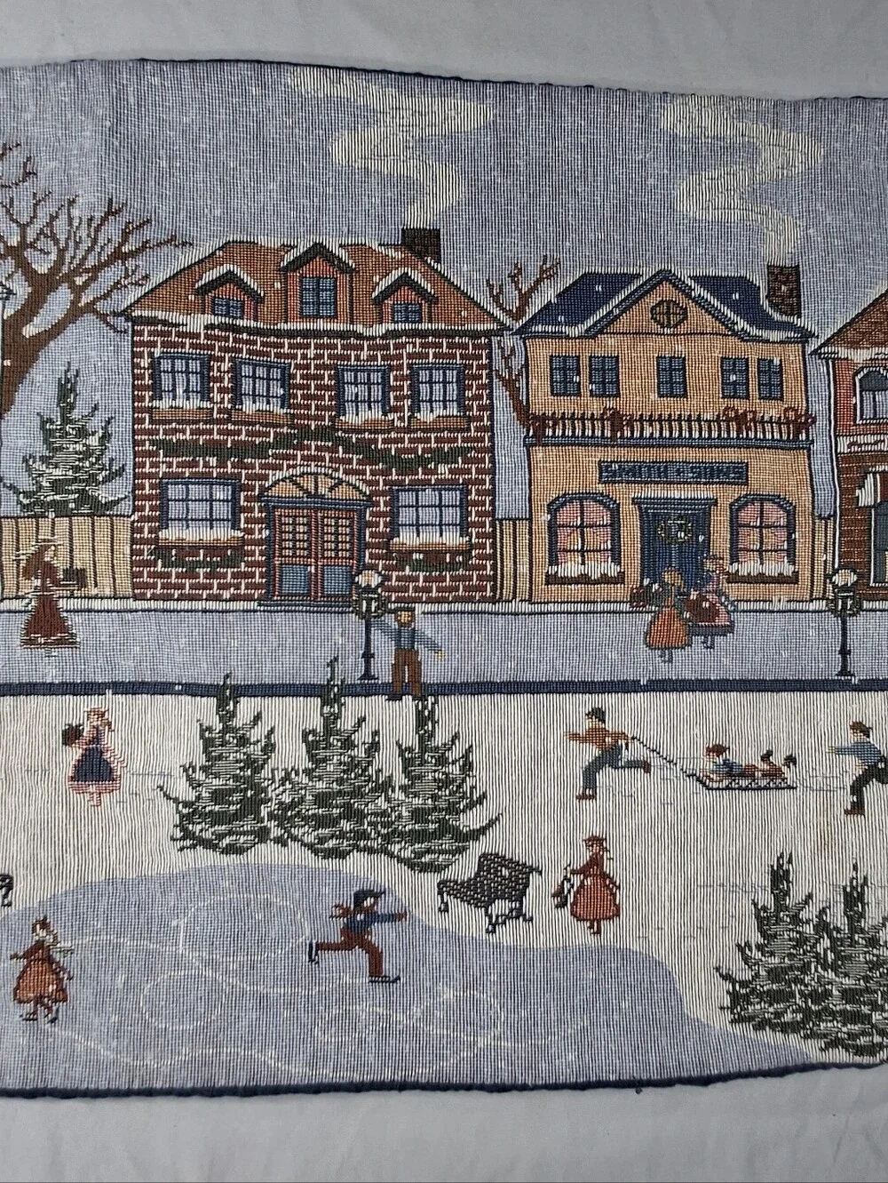 Vtg Christmas Winter Scene Tapestry Table Runner Wall Hanging Holiday Ice Skate